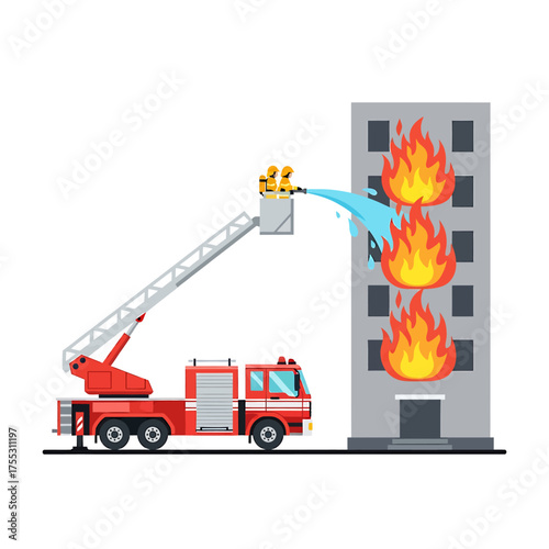 Firefighters on a ladder truck battling a burning building, extinguishing flames with water.