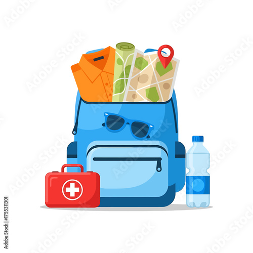 A blue backpack filled with travel essentials, including maps and first aid.
