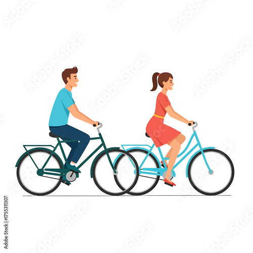A couple rides bicycles, enjoying a leisurely outdoor activity together, side view.