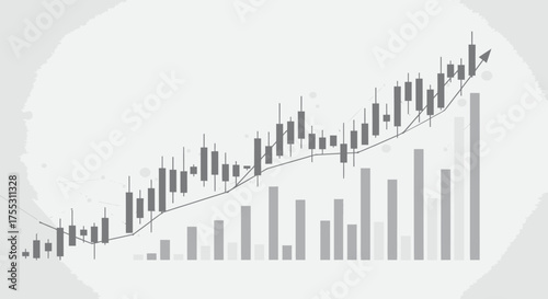 A grayscale vector illustration depicts a stock exchange chart with candlestick patterns and bar graphs, indicating market trends and financial growth against a simple, neutral background.