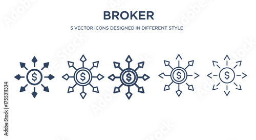 A vector illustration depicts various styles of a broker icon, showcasing connections and financial transactions within a stock exchange environment, emphasizing modern business.