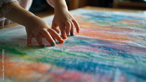 A young girl with an Asian background is finger painting on a large sheet of paper at home. She uses various colors, showing her creativity and enjoyment in the artistic process