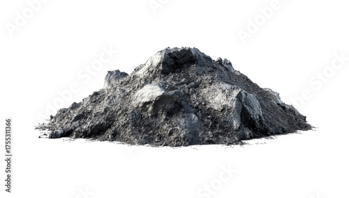 A pile of dark grey ash isolated on transparent background, showing the remnants of a fire or combustion process, with a rough and uneven surface texture