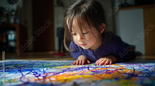 In a bright and cheerful room, a little Asian girl focuses on her colorful finger painting on a large sheet of paper. She shows creativity and joy while exploring art