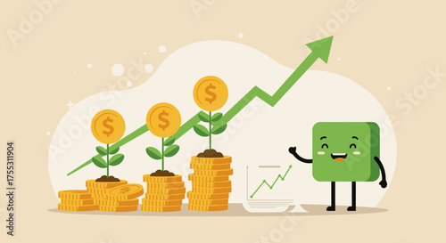 Growing money tree plants on stacks of coins with a green arrow graph indicating financial growth and a happy character.