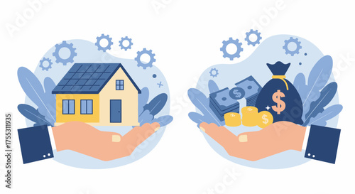 An illustrated vector graphic showcasing financial concepts, with hands holding a house and a money bag, representing investment and wealth management in a modern, flat design style.