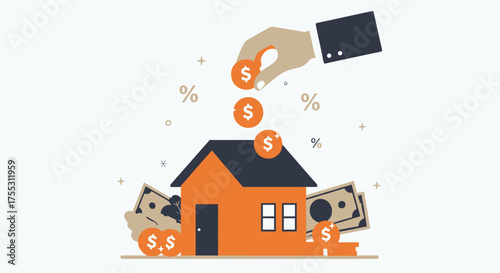 Hand depositing coins into a small orange house, symbolizing investment and financial growth in real estate and home ownership.
