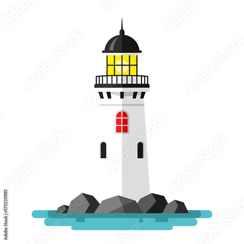 A white lighthouse with a black dome stands on rocks surrounded by blue water, emitting a bright yellow light.