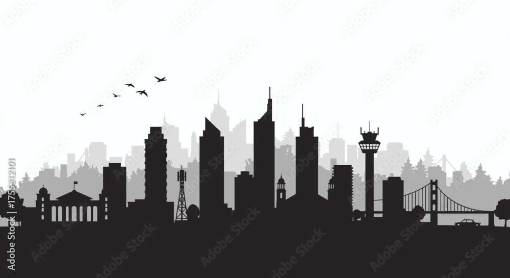 Fototapeta premium A monochromatic vector silhouette of a bustling city skyline, featuring iconic buildings and structures, perfect for business and financial themes, set against a clean white background.