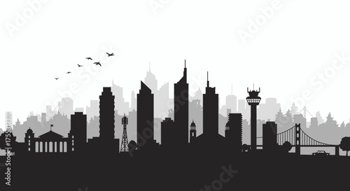 A monochromatic vector silhouette of a bustling city skyline, featuring iconic buildings and structures, perfect for business and financial themes, set against a clean white background.