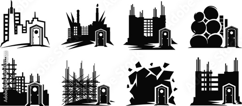 Set of eight black construction scene silhouettes featuring porta-potties with buildings in various stages of development and demolition