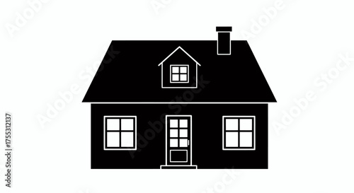 A simple black silhouette of a detached house with a chimney and dormer window, isolated on a white background, ideal for design concepts.