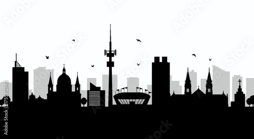 Modern city skyline silhouette featuring diverse architectural styles, including skyscrapers and historical buildings, against a clear sky.