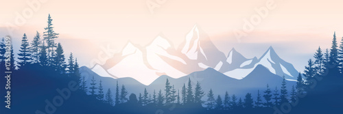 Sunrise in the mountains, wild forest, misty silhouettes of ridges, vector illustration