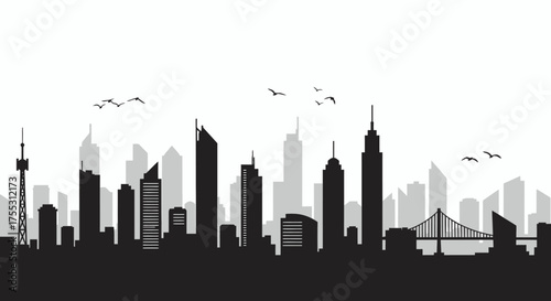 Modern city skyline silhouette with skyscrapers and a bridge, representing a thriving financial district and urban landscape.