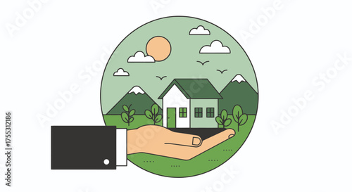 A human hand gently presents a charming house nestled within a vibrant natural landscape featuring mountains and sunshine, rendered in a clean vector style.