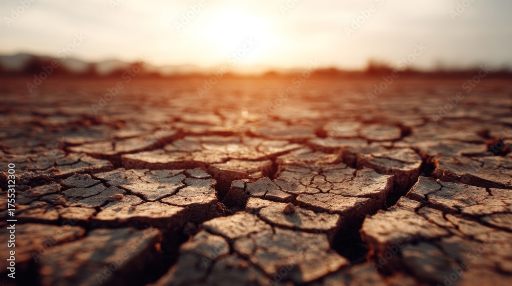 Fototapeta premium A close-up view of cracked soil under a warm sunset, highlighting the effects of drought and environmental change.