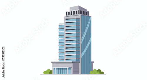 A sleek, modern skyscraper, designed with a flat vector illustration style, stands tall as an isolated commercial office building against a clean white background.