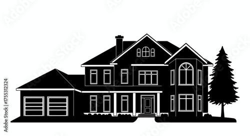 A striking black silhouette vector illustration of a large, luxurious residential house with a garage and a tree, isolated on a clean white background.