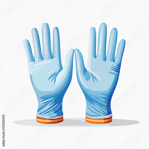A pair of light blue disposable medical examination gloves with orange cuffs, presented in a clean, isolated studio shot.