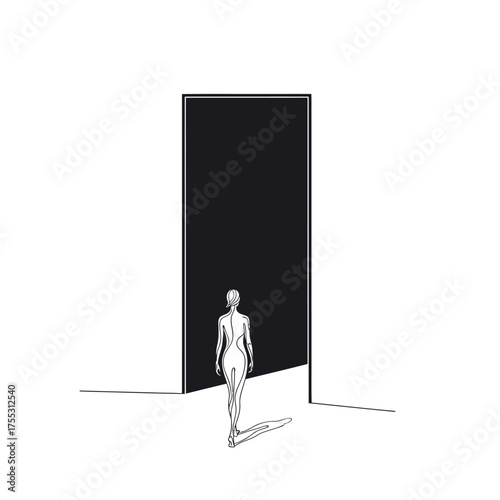 Vector art of a solitary figure stands before a tall, dark, open doorway, casting a long shadow, representing a choice, a new beginning, or an unknown future