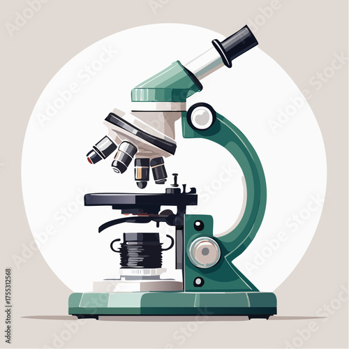 A stylized vector illustration of a green and white laboratory microscope for scientific research and education.