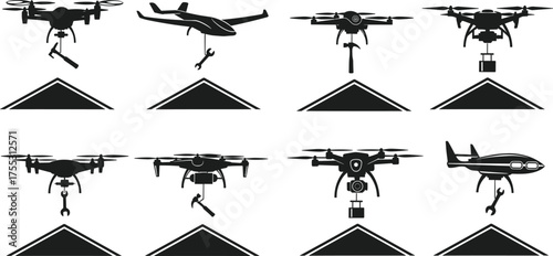 Set of eight drone and UAV icons showing cameras, claws, robotic arms, and delivery boxes over rooftop landing pads