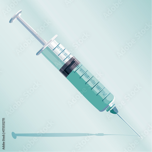Medical syringe with a needle, filled with a turquoise liquid, shown as a clean vector illustration.