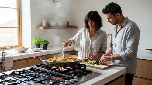 Cooking Paella Together at Home Smiling Couple Preparing Food Indoors