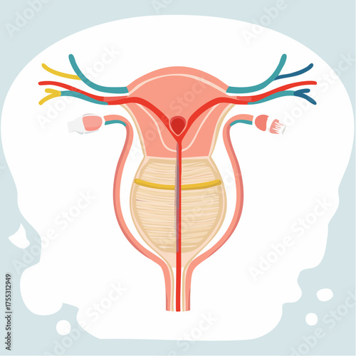 Illustration of the female reproductive system with an intrauterine device (IUD) for contraception and family planning.