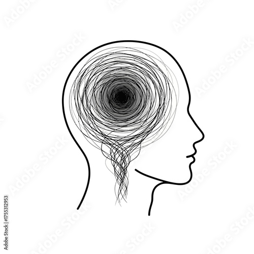 Vector art of abstract representation of a human head profile with a swirling vortex of chaotic lines and scribbles inside, symbolizing mental turmoil, confusion, or a breakdown