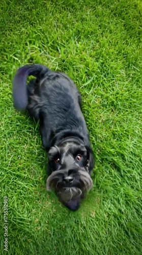 black miniature schnauzer playful happy dog rolling on the lawn in garden