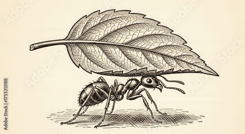 Ant carrying leaf illustration insect nature drawing vintage art print engraving worker strong tiny