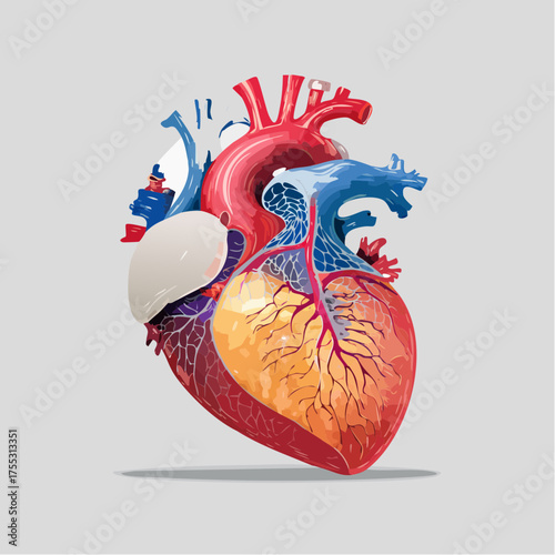 Detailed anatomical illustration of the human heart showing major arteries and veins on a light grey background.