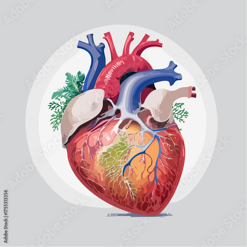 Anatomical illustration of the human heart with detailed vascularization and surrounding greenery.