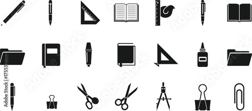 Collection of black stationery and office supplies icons isolated on transparent background