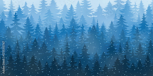 Winter coniferous forest, snowfall, cartoon nature, seamless border, vector illustration