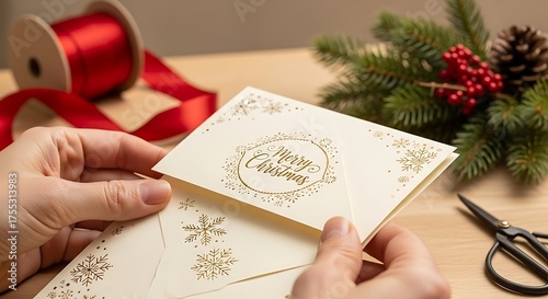 Hands holding a festive Christmas card with ornate gold lettering and snowflakes, preparing to mail it.