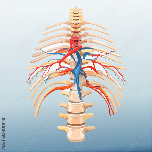 Anatomical illustration of the human torso, showcasing the skeletal structure and vascular system.