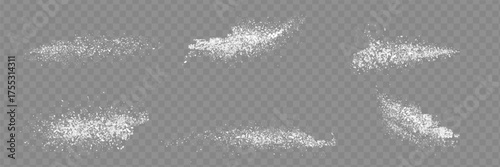 Sugar or salt powder piles set isolated on transparent background. Vector realistic illustration of white dry substance scattered on surface, ground food seasoning,