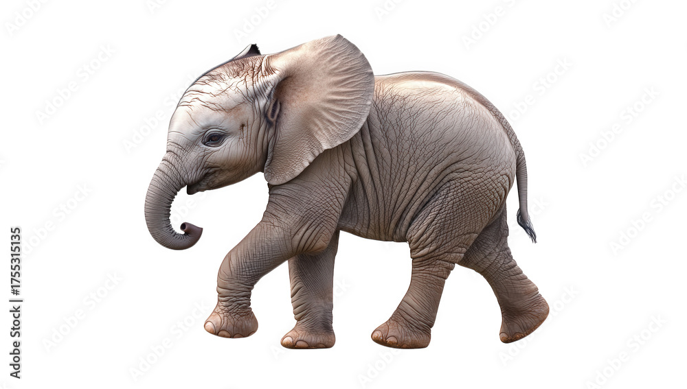 Obraz premium Adorable baby elephant walking gracefully isolated on transparent background, showcasing its playful nature and endearing charm as it explores its surroundings with curiosity