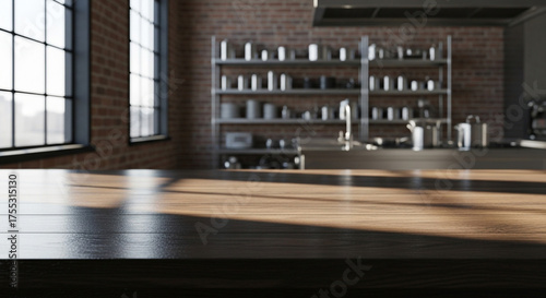 Sunlit Kitchen Interior with Brick Wall and Metal Shelving.