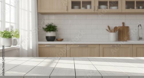 Sunlit Kitchen Interior with Wooden Countertop and Natural Light.