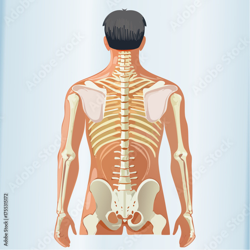 Human back anatomy with visible bones and spine, illustration.