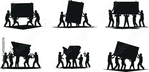 Silhouettes of people lifting large boards together, teamwork and cooperation concept in black vector illustration for unity and effort