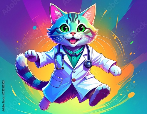 A playful cat wearing a crisp white lab coat and a colorful tie dashes energetically, its fur slightly ruffled, embodying a quirky scientist vibe.