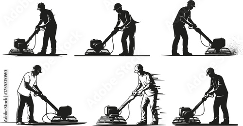 Silhouettes of workers operating floor polishing machines in various poses, cleaning service concept in black vector illustration set