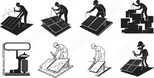 Solar panel installation silhouettes, renewable energy workers, measuring and assembling tasks, black vector illustrations, maintenance tools, sustainable infrastructure, clean energy concept