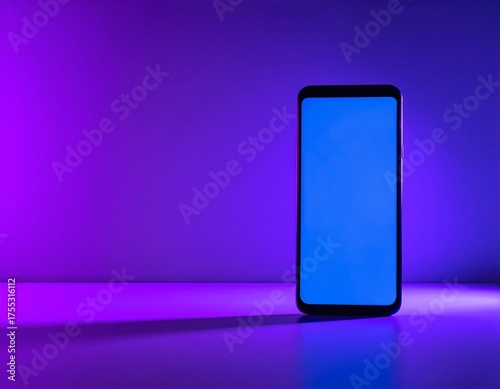 A sleek smartphone emits a soft purple glow, highlighting its modern design. The screen displays vibrant icons, set against a dark background.