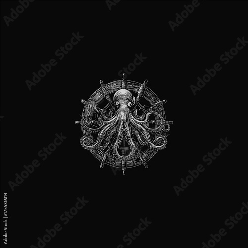 Vintage engraving style illustration of a giant octopus wrapped around a ship's steering wheel